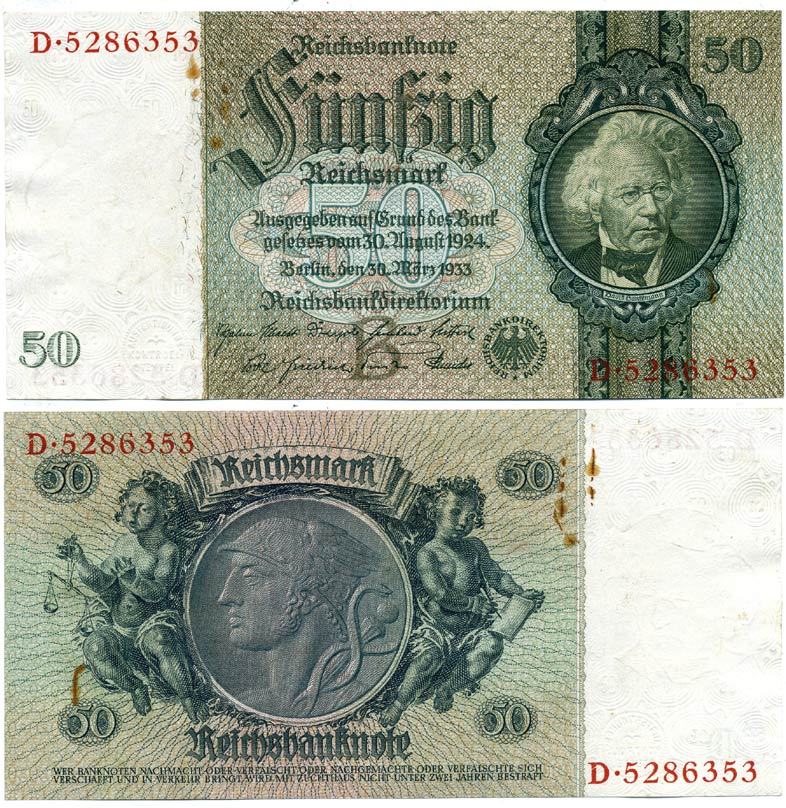 Германия 50 рейхсмарок 1933 Давид Ганземан, 7 цифр в номере, буква B Pick 182a бумага XF 3295-10-1-1