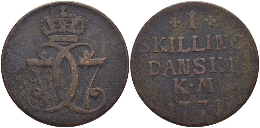 ДАНИЯ 1 СКИЛЛИНГ 1771 КМ, КРИСТИАН VII (1766-1808) KM 616 (С47) медь 97-1124