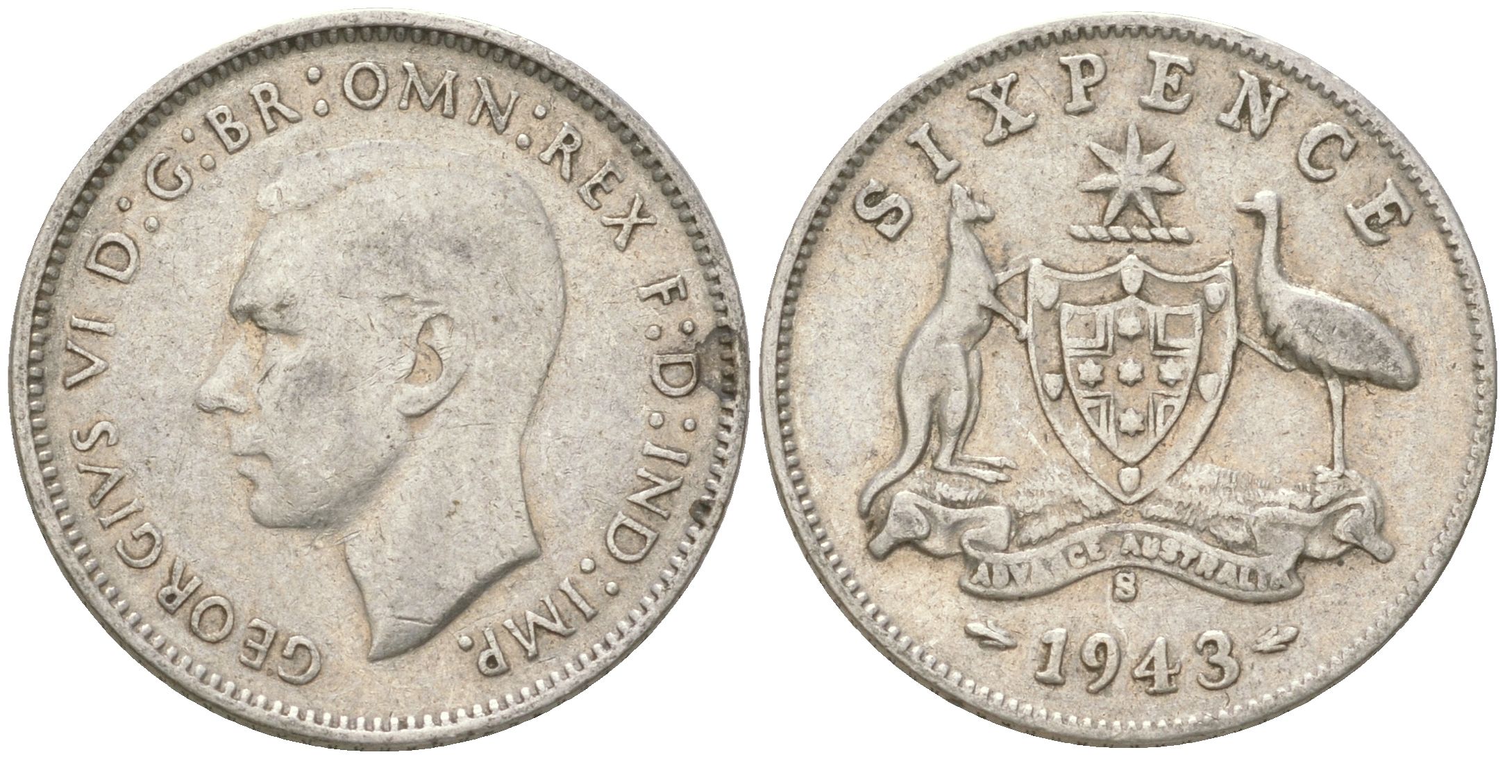 Австралия 6 пенсов 1943 S, Георг V (1936-1952) KM 38 серебро 4623-235
