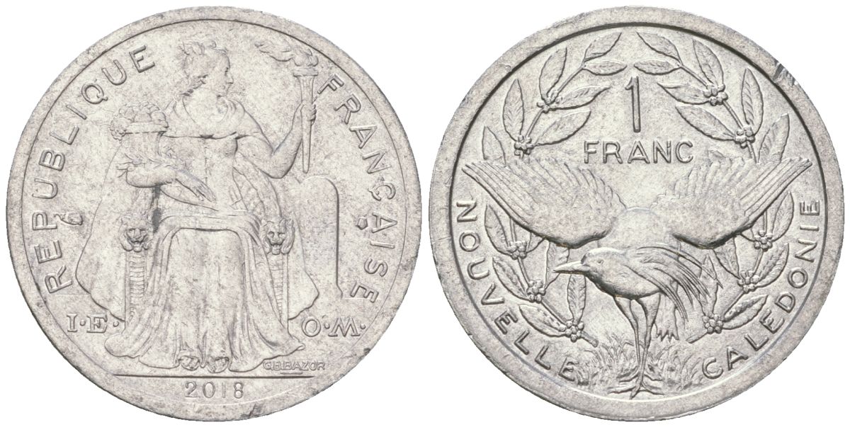 Французская Новая Каледония 1 франк 2018 птица кагу, (IEOM) KM 10, Schoen 10 алюминий 54-1652