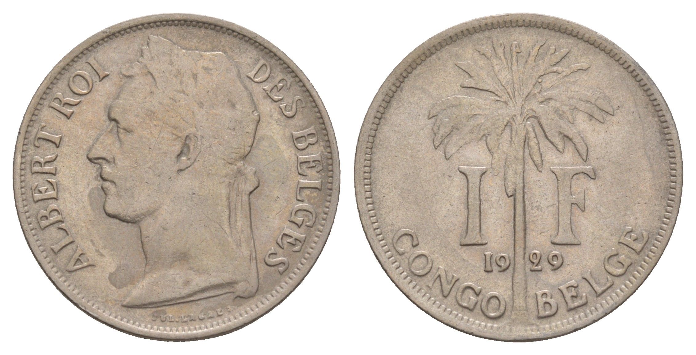 Бельгийское Конго 1 франк 1929 Надпись на французском - 'ALBERT ROI DES BELGES' KM 20 медно-никель 4653-922