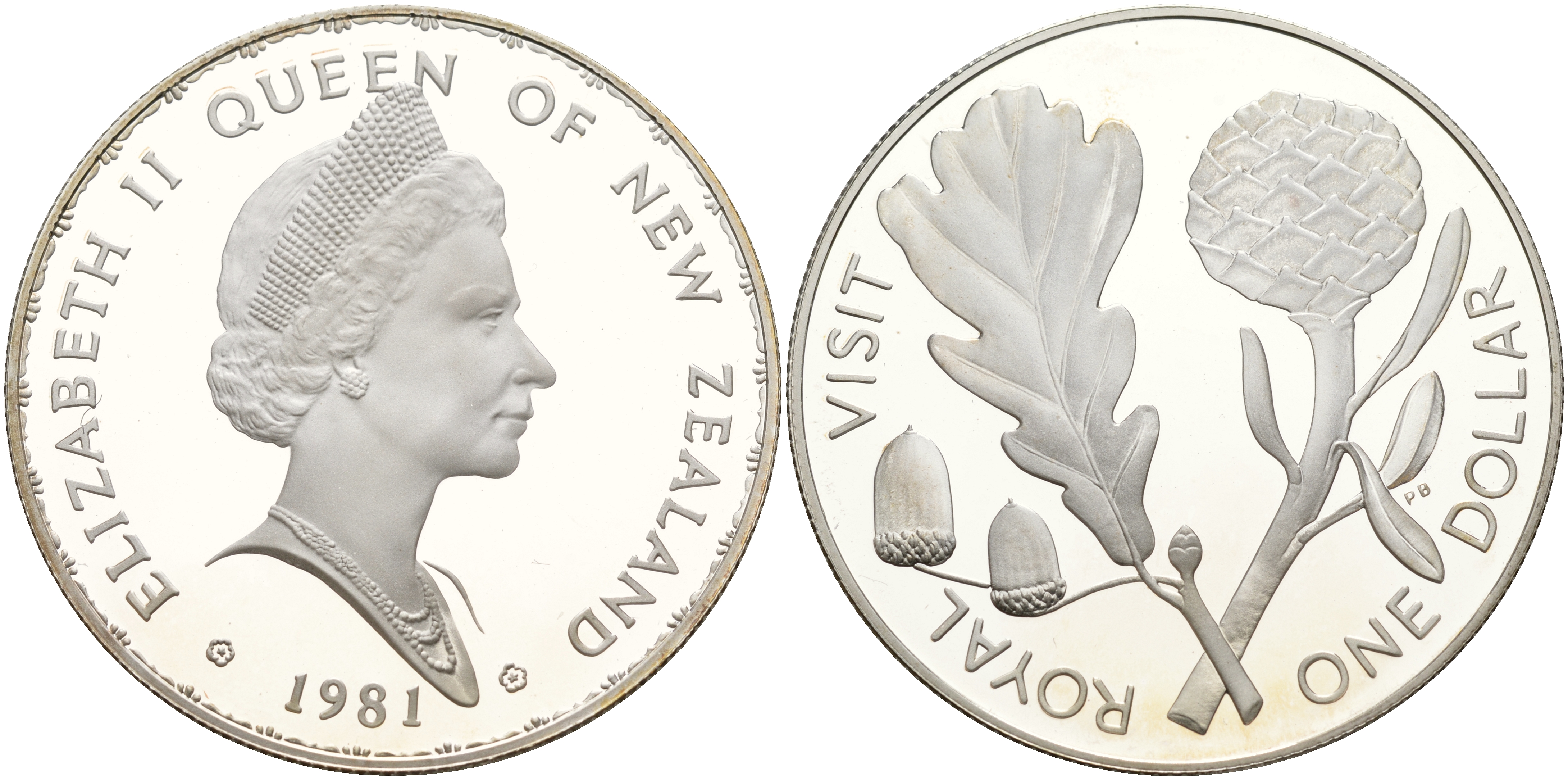 Новая Зеландия 1 доллар 1981 Королевский визит, английский дуб, Елизавета II (1952-2022) KM 50a серебро PROOF 1066-9-14