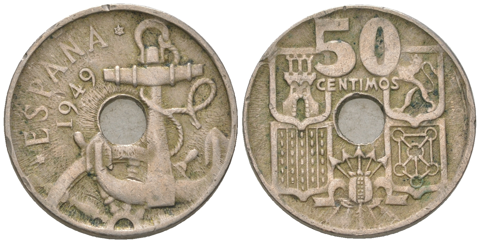 Испания 50 сентимо 1949 (54) Франсиско Франко (1939-1975), морская атрибутика KM 777 медно-никель 4385-613