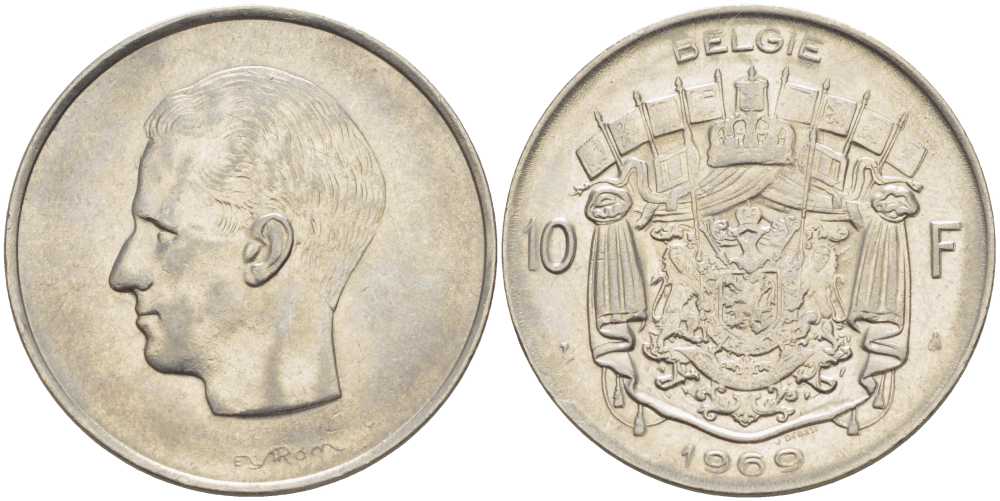 БЕЛЬГИЯ 10 ФРАНКОВ 1969 BELGIE, БОДУЭН I (1951-1993) KM 156.1 никель 213-437