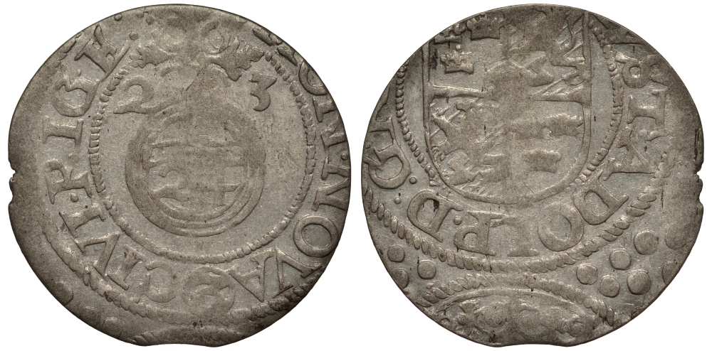 ЛИВОНИЯ, РИГА 1/24 ТАЛЕРА 1623 ШВЕДСКАЯ ОККУПАЦИЯ, ГУСТАВ АДОЛЬФ II, ВЕС 1,07 ГР. KM 10 серебро 1516-623