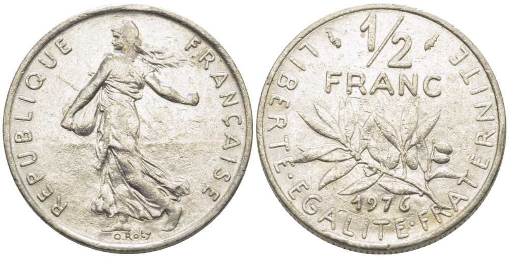 ФРАНЦИЯ 1/2 ФРАНКА 1976 СЕЯТЕЛЬ KM 931.1, LE FRANC 198.15 никель 175-946