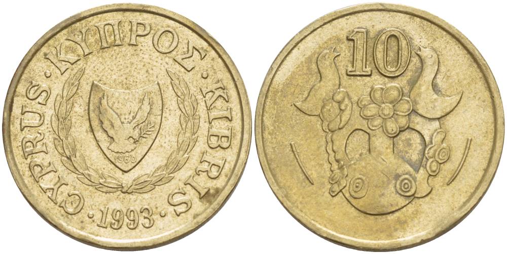 КИПР 10 ЦЕНТОВ 1993 ПТИЧКИ НА ВАЗЕ KM 56.3 никель латунь 4526-1215