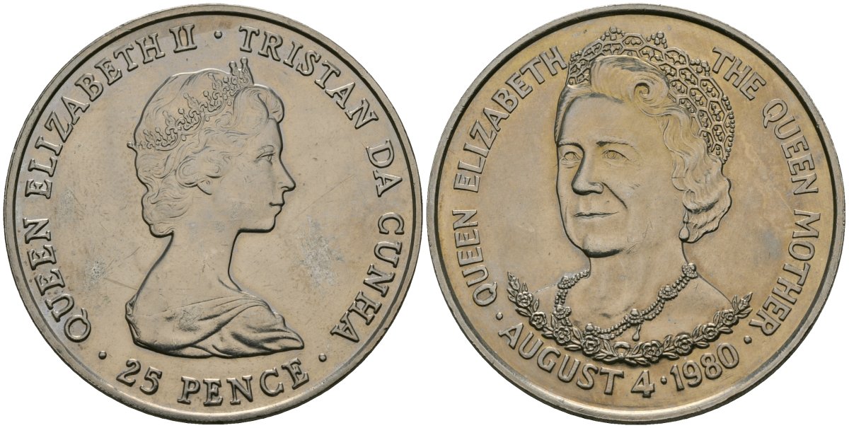 Тристан-да-Кунья 25 пенсов 1980 80 лет со дня рождения Королевы-Матери KM 3 медно-никель 4558-1222