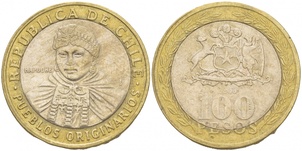 Чили 100 песо 2008 индейцы Мапуче KM 236 биметалл 4541-124