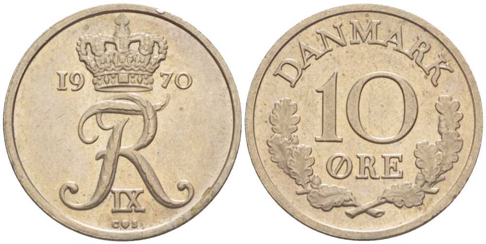 ДАНИЯ 10 ЭРЕ 1970 C; S, ФРЕДЕРИК IX (1947-1972) KM 849.1 медно-никель 4387-1046