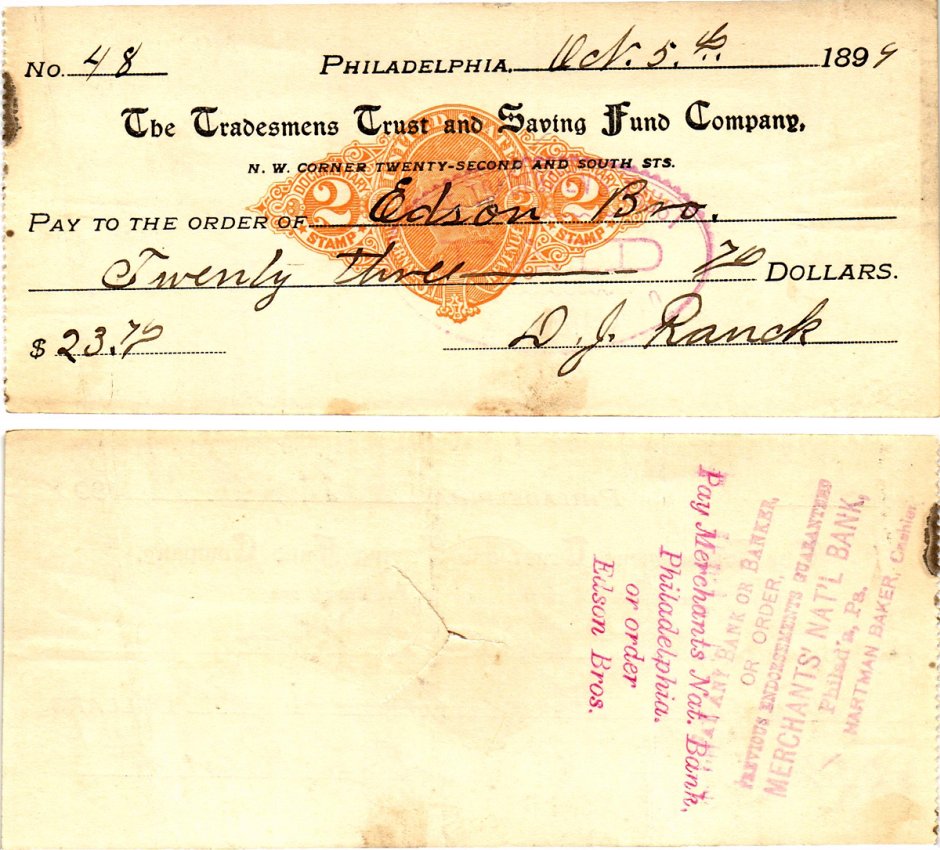 США чек на 23,70 долларов 1899 Филадельфия бумага 2196-28-1-2