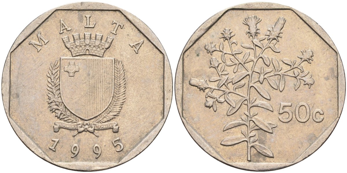 Мальта 50 центов 1995 девясил KM 98 медно-никель 92-343