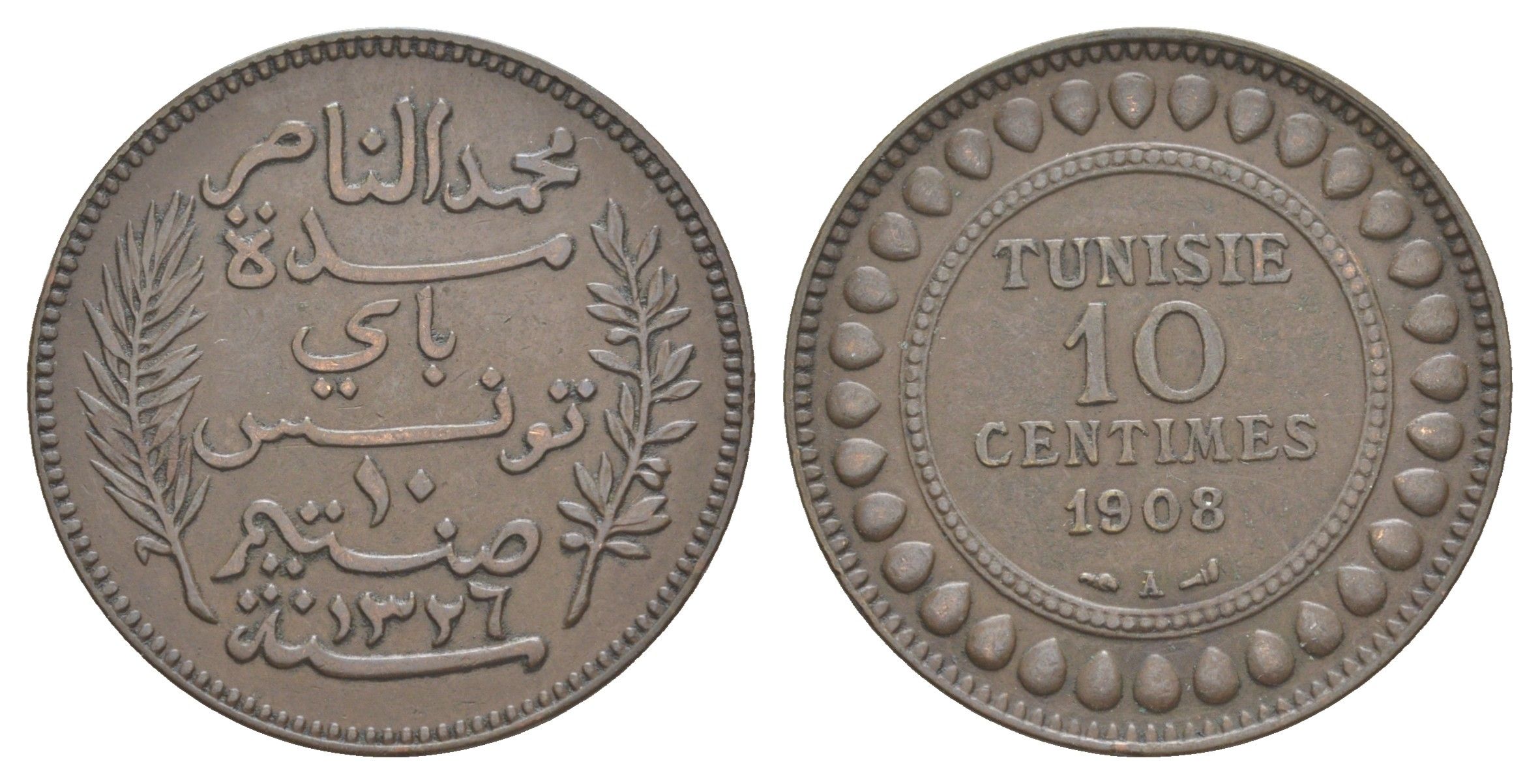Тунис 10 сантимов 1908 A KM 236 бронза 4634-843