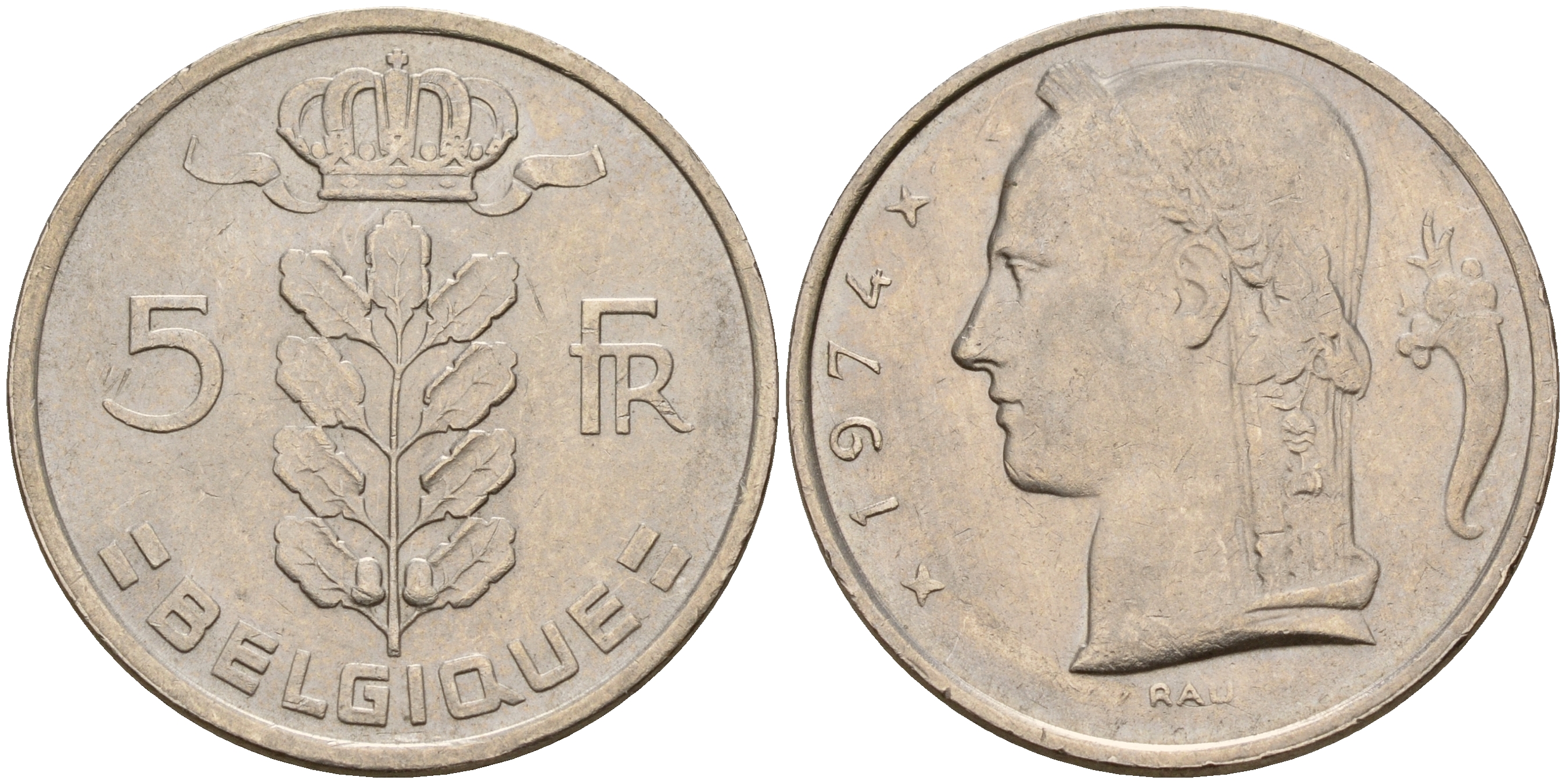 Бельгия 5 франков 1974 Belgique KM 134.1 медно-никель  UNC  4187-242