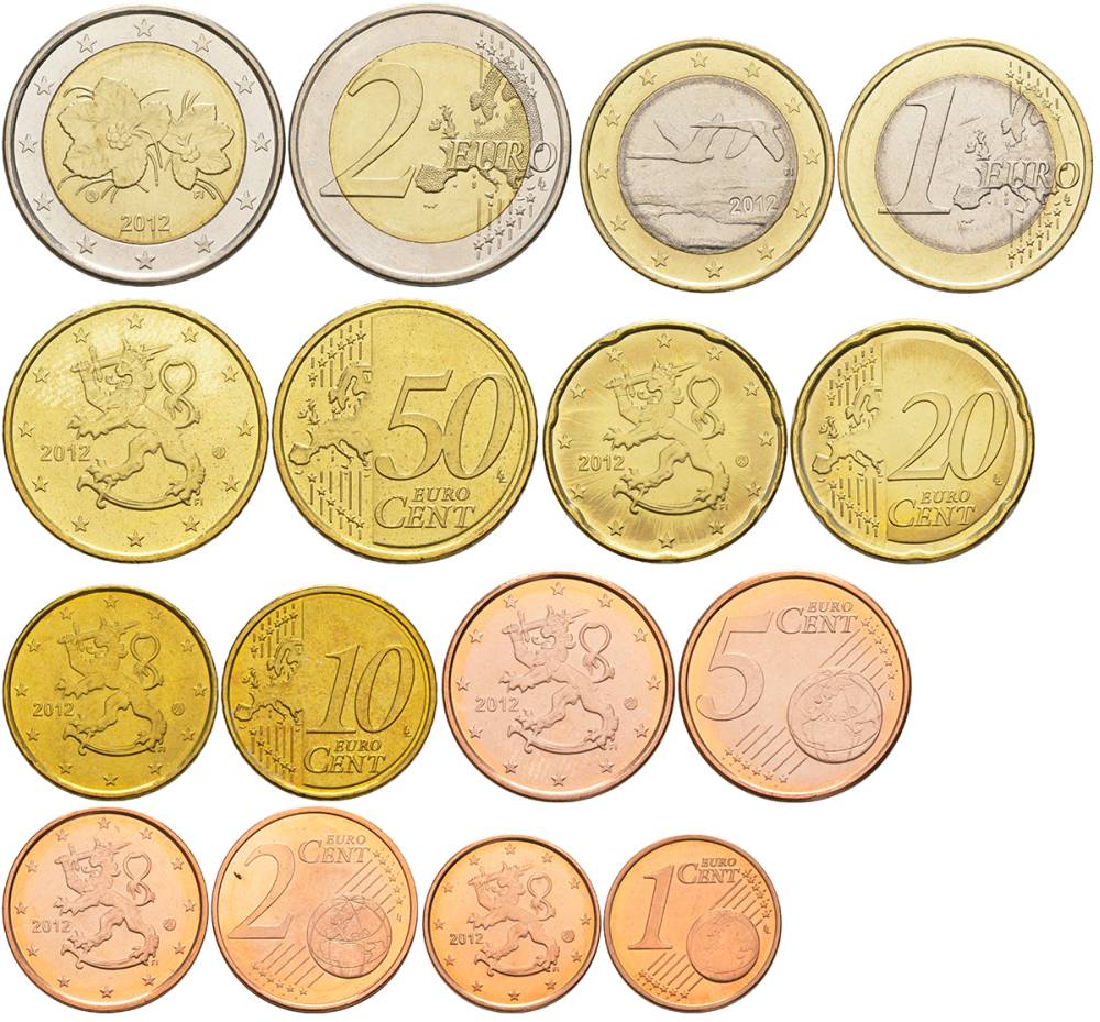 ФИНЛЯНДИЯ ЕВРОНАБОР ИЗ 8 МОНЕТ 2012 1, 2, 5, 10, 20, 50 ЕВРОЦЕНТОВ, 1 И 2 ЕВРО UNC 68-951