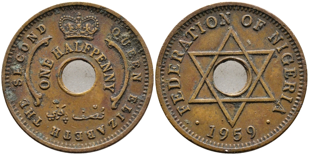 Нигерия 1/2 пенни 1959 Елизавета II (1952-), Британский протекторат KM 1 бронза 4387-468