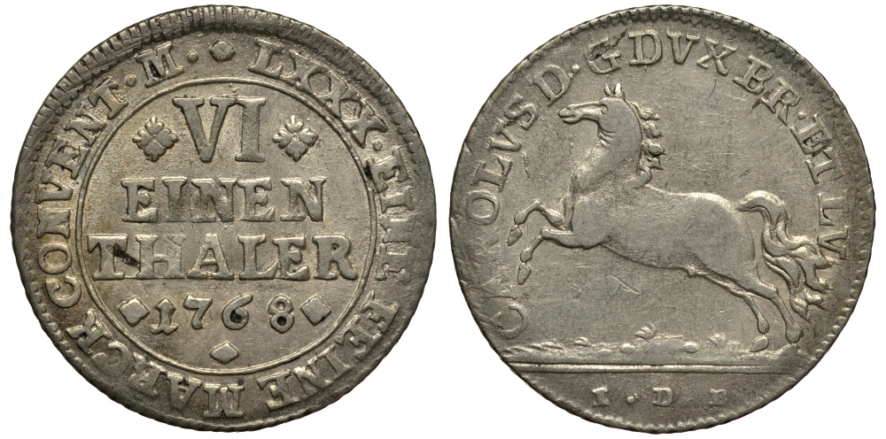 Брауншвейг-Вольфенбюттель 1/6 талера 1768 IDB, вес 5,14 гр. KM 971 серебро 413-1934