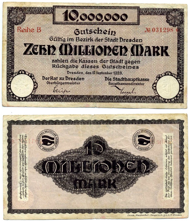 ДРЕЗДЕН 10000000 марок (10 миллионов) 1923 12 сентября 1923, REIHE B, нотгельд, земля Саксония Keller 1072e бумага 2193-28-2-1