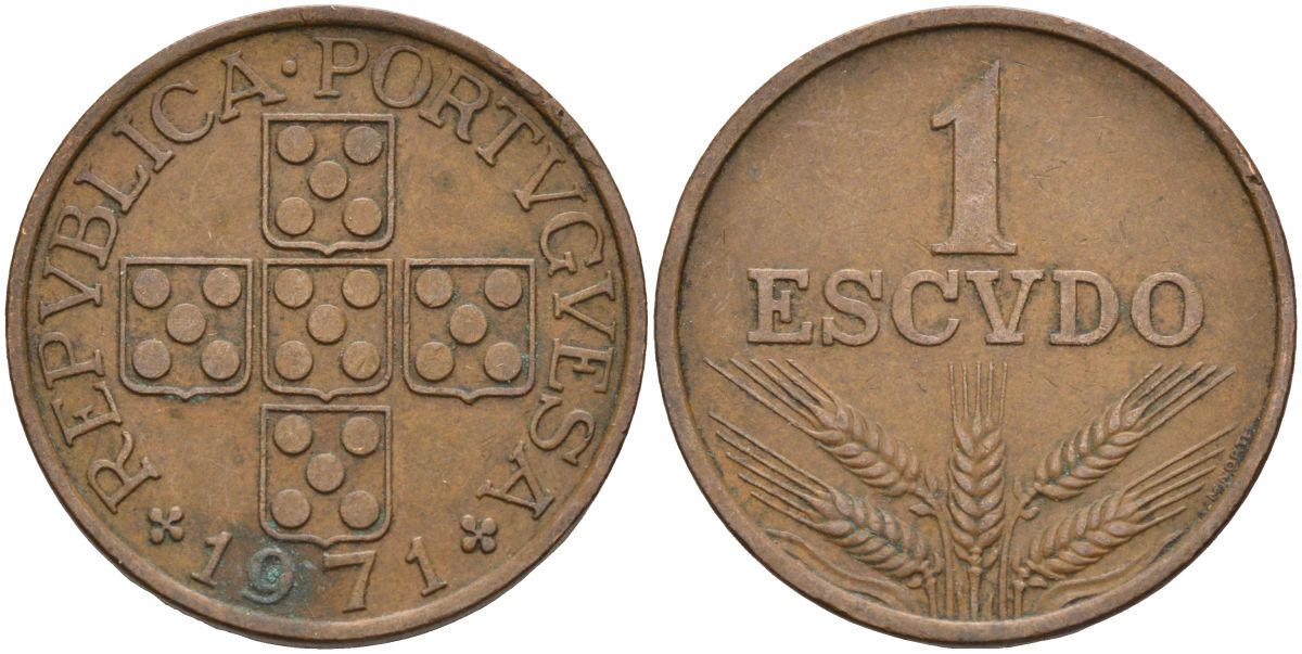 Португалия 1 эскудо 1971 KM 597 бронза 4126-612