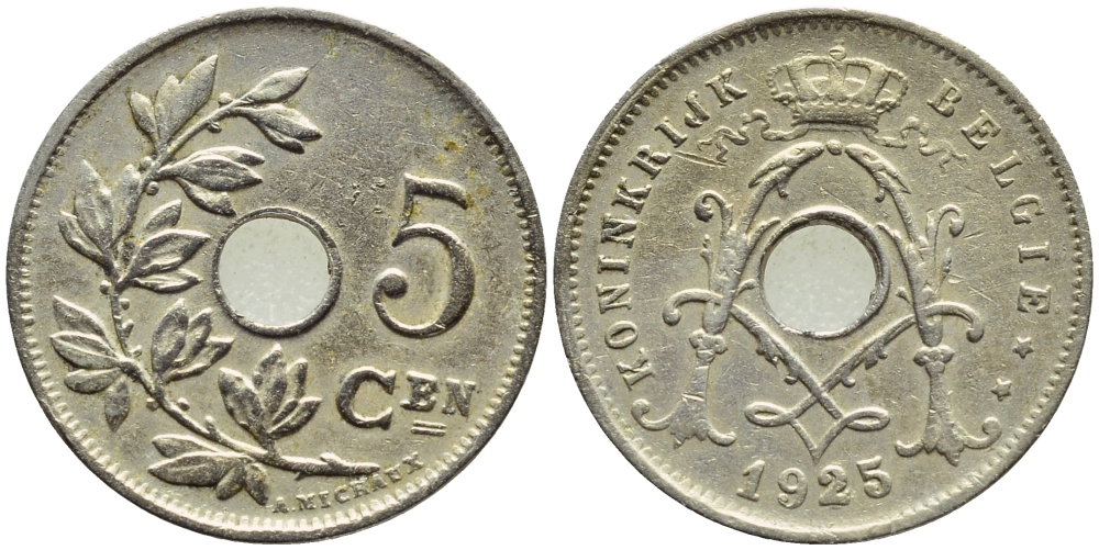 Бельгия 5 сантимов 1925 Belgie KM 67 медно-никель 86-167