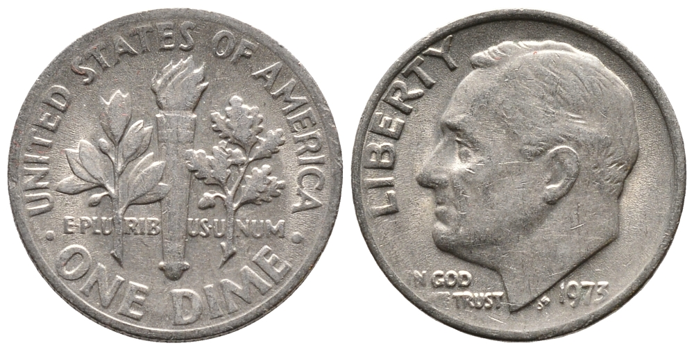 США 10 ЦЕНТОВ = 1 ДАЙМ 1973 РУЗВЕЛЬТ KM 195а медь плакированная медно-никелем 73-248