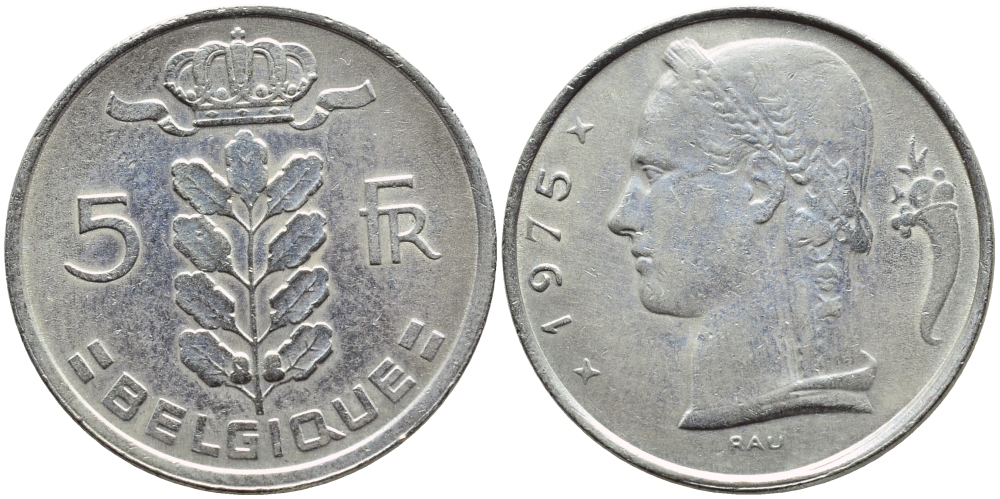 Бельгия 5 франков 1975 Belgique, Бодуэн I (1951-1993) KM 134.1 медно-никель 4110-1026