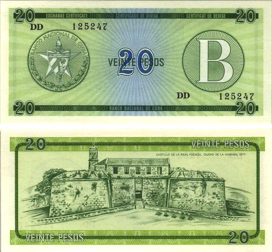Куба, валютный сертификат 20 песо ND (1985) серия B, зеленая Pick FX 9 бумага UNC (пресс) 7191-39-2-2