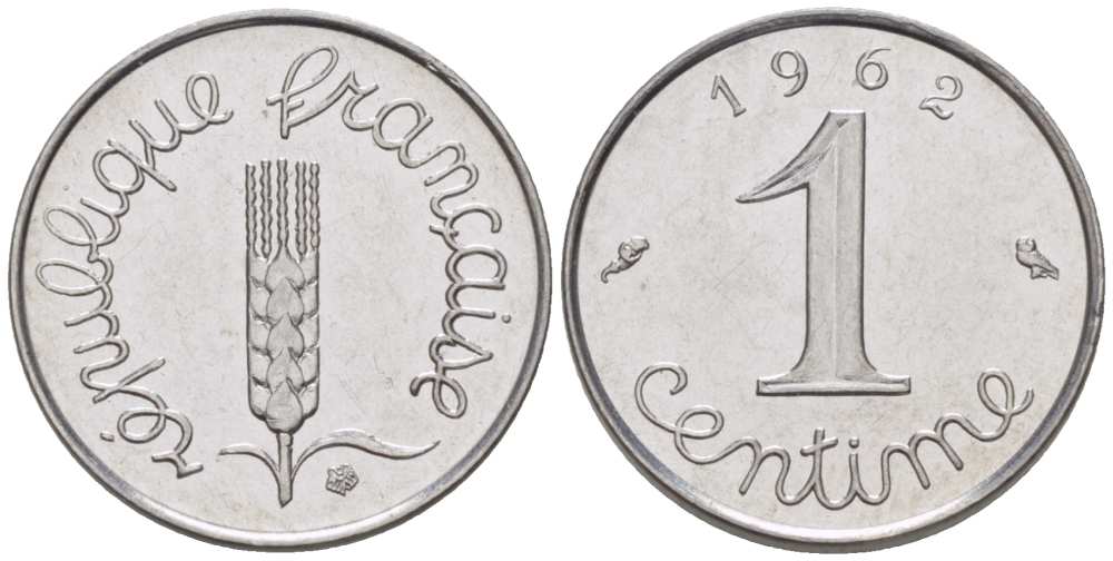 ФРАНЦИЯ 1 САНТИМ 1962 KM 928, LE FRANC 106.4 нержавеющая сталь 218-125