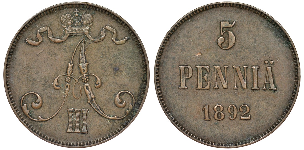 Россия для Финляндии 5 пенни 1892 Александр III (1881-1894) Биткин 661 медь 51-4134