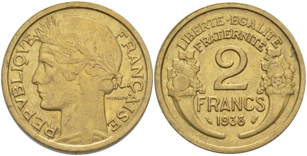 ФРАНЦИЯ 2 ФРАНКА 1938 ТИП MORLON KM 886, LE FRANC 268.11 алюминиевая бронза 69-1246