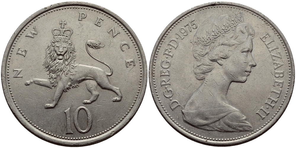 Великобритания 10 пенсов 1975 Елизавета II (1952-2022) KM 912, Spink 4231 (F1) медно-никель 51-2832
