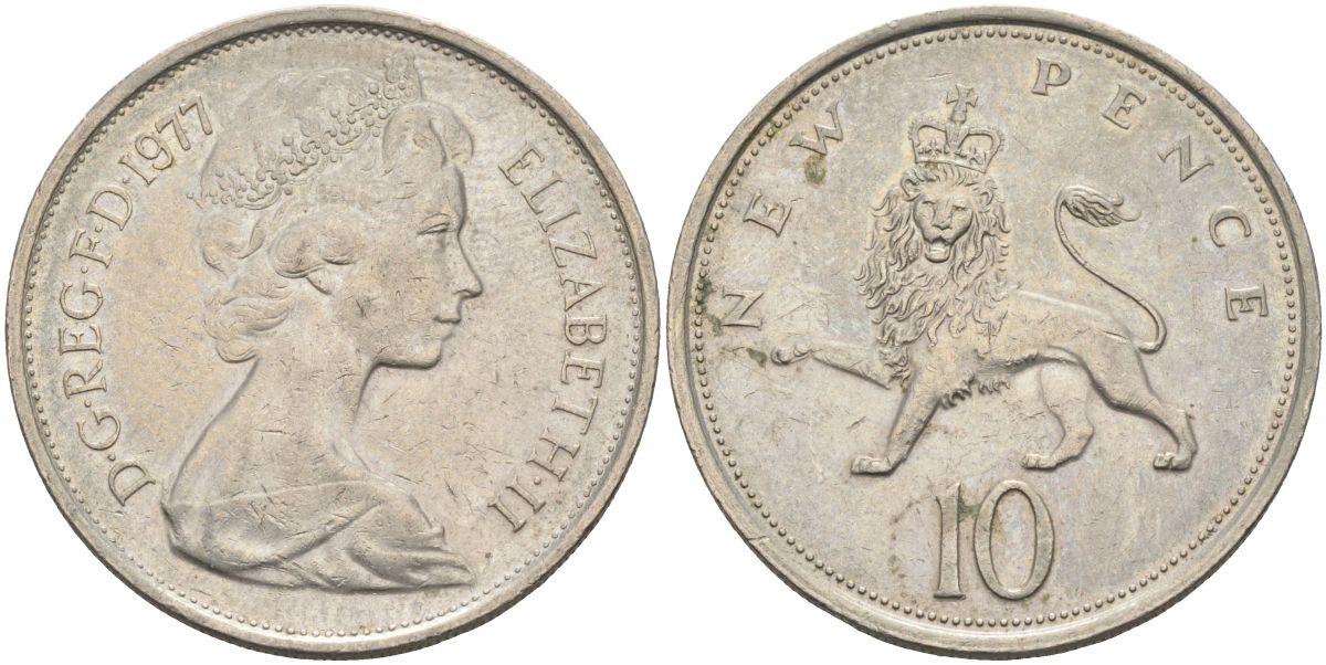 Великобритания 10 пенсов 1977 Елизавета II (1952-2022) KM 912, Spink 4231 (F1) медно-никель 4117-931