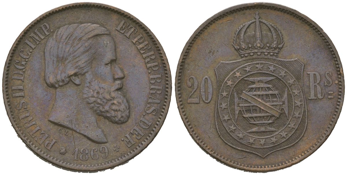 Бразилия 20 рейсов 1869 Педру II (1831-1889) KM 474 бронза 92-944