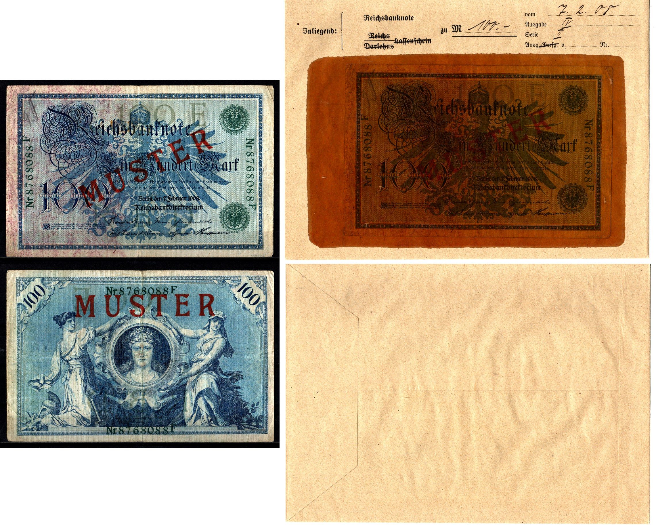 Германия 100 марок 1908 зеленая печать, 7 февраля, MUSTER, образец, Specimen. В оригинальном банковском конверте. Из коллекции Отто Сейфферта (помощник Ялмара Шахта - министра экономики Германии и президента Рейхсбанка времен третьего рейха) Pick 34 s, Gr