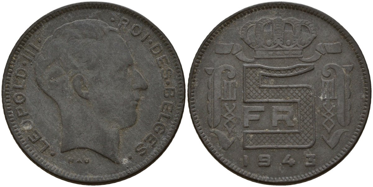 Бельгия 5 франков 1943 DES BELGES, Леопольд III (1934-1947) KM 130 цинк 4161-936