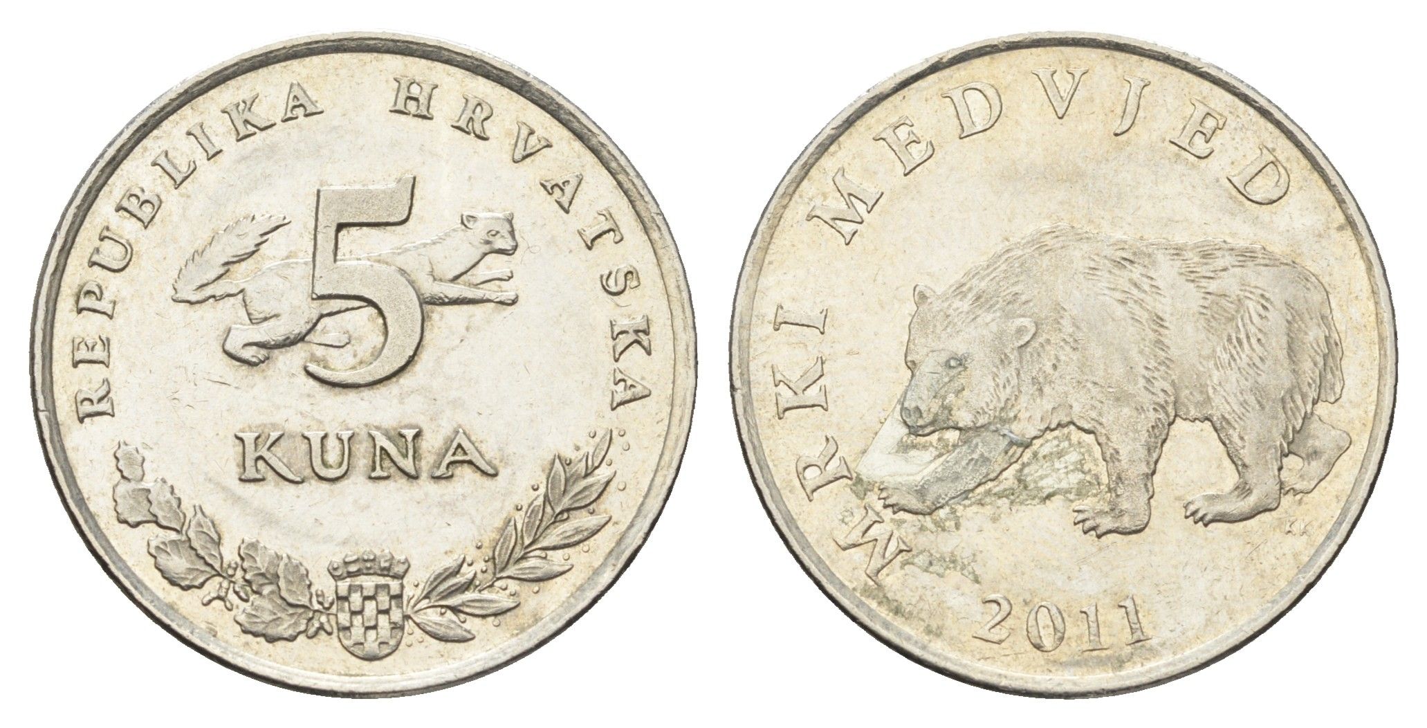 Хорватия 5 кун 2011 бурый медведь, нечетный год KM 11 медь цинк никель    4660-426