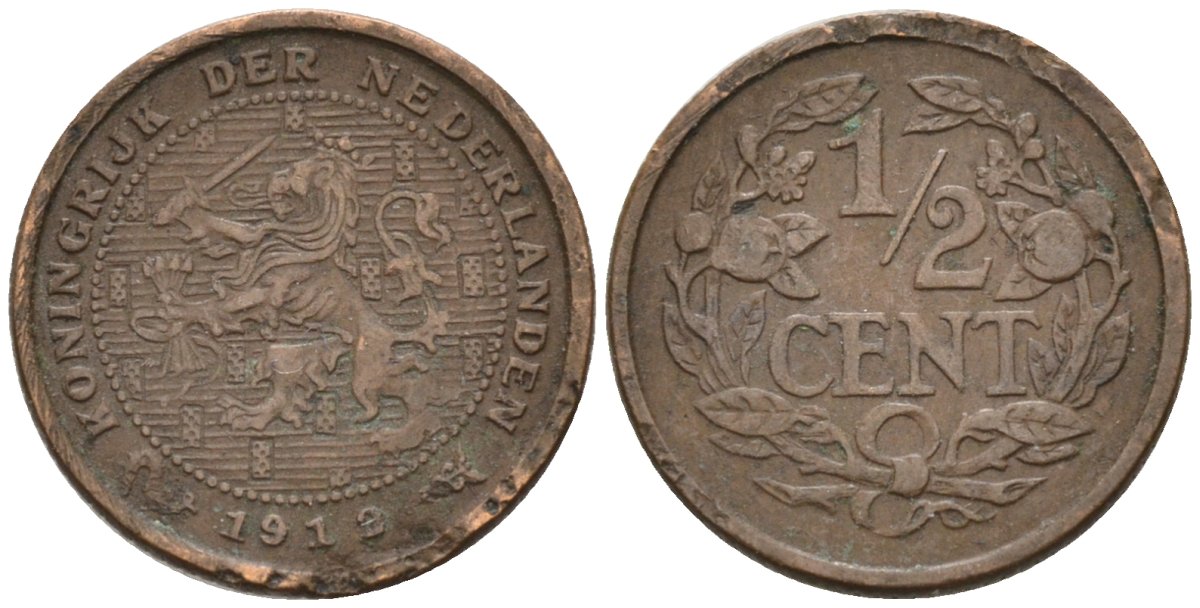 Нидерланды 1/2 цента 1912 Вильгельмина (1890-1948) KM 138 бронза 4576-344