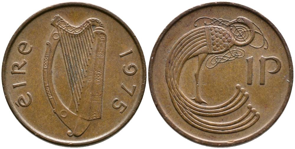 ИРЛАНДИЯ 1 ПЕННИ 1975 ПТИЧКА KM 20 бронза 4525-1117