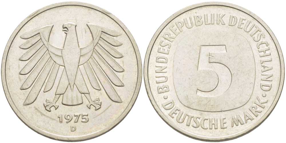 ФРГ 5 марок 1975 D, монетный двор Мюнхен КМ 140.1, J. 415 медно-никель плакированный никелем 115-516