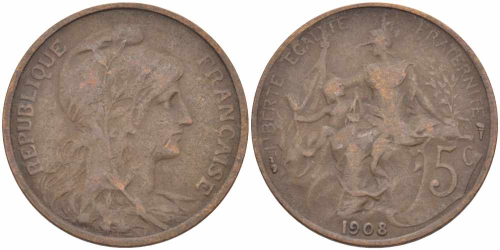 ФРАНЦИЯ 5 САНТИМОВ 1908 ТИП ДАНИЭЛЬ ДЮПЮИ KM 842, LE FRANC 119.19 бронза 108-913