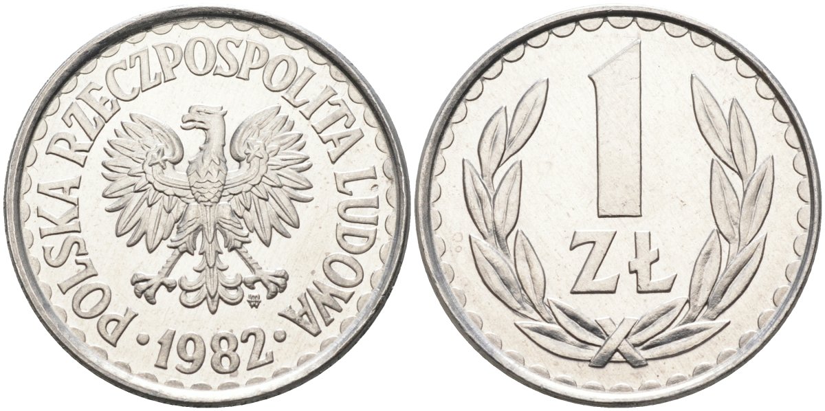 Польша 1 злотый 1982 MW, Народная Республика KM 49.1, Parchimowicz 213u алюминий UNC 4182-612