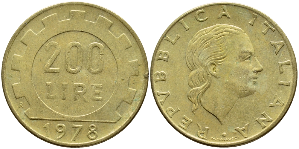 Италия 200 лир 1978 R, шестерня KM 105 алюминиевая бронза 4395-541