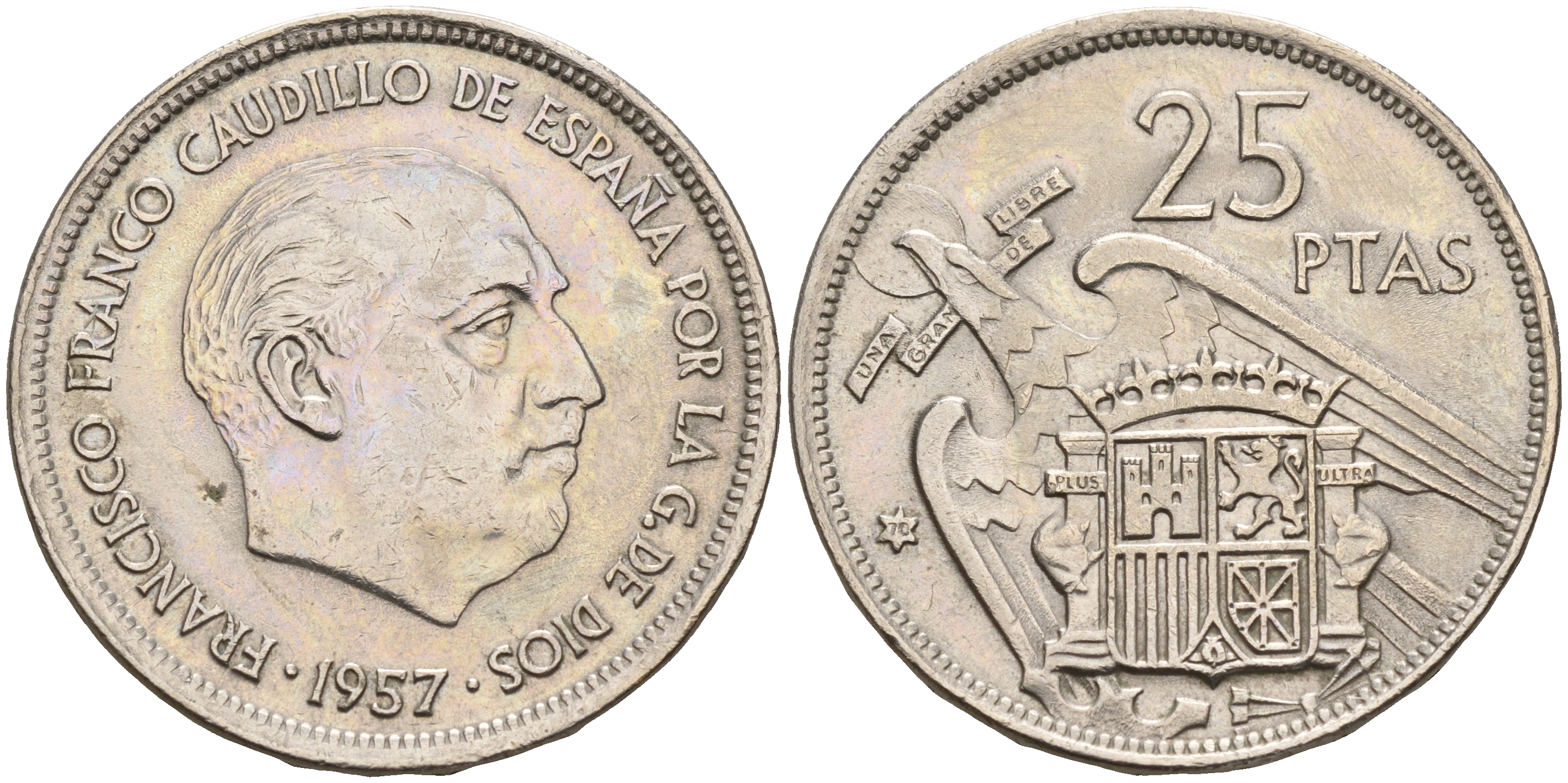 Испания 25 песет 1957 (70) Франсиско Франко (1939-1975) KM 787 медно-никель  UNC  4144-216