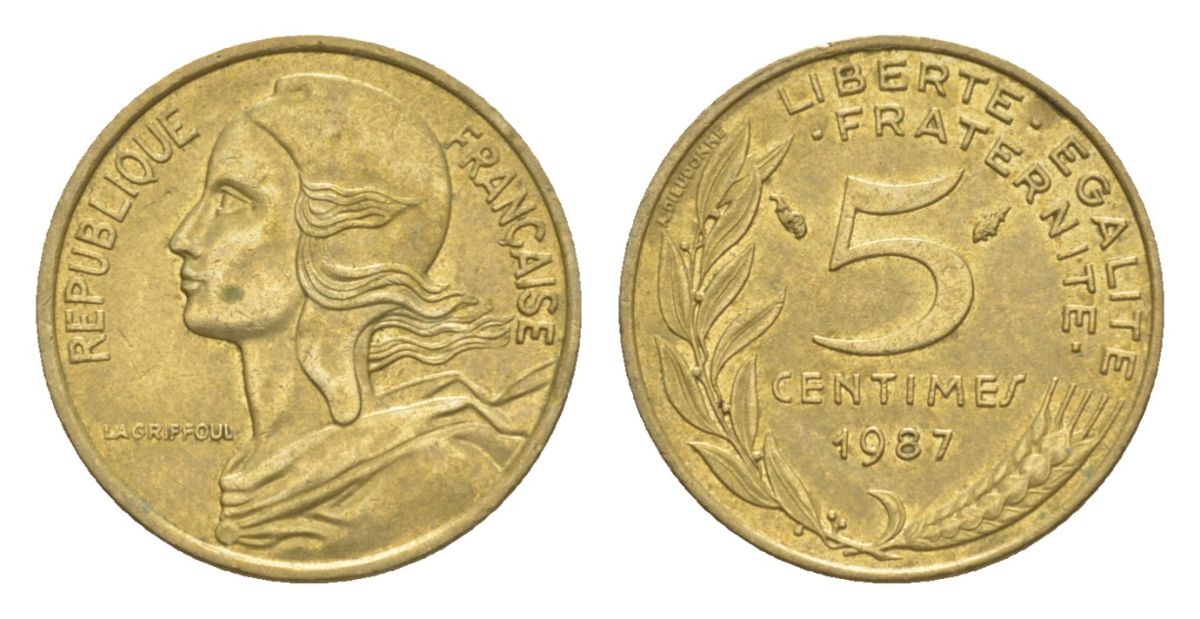 Франция 5 сантимов 1987 тип Morlon KM 933, Le Franc 125.23 алюминиевая бронза 4630-343