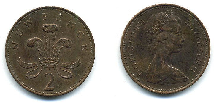 Великобритания 2 пенса 1971 Елизавета II (1952-2022) КМ 916, Spink 4235 (C1) бронза 4110-543