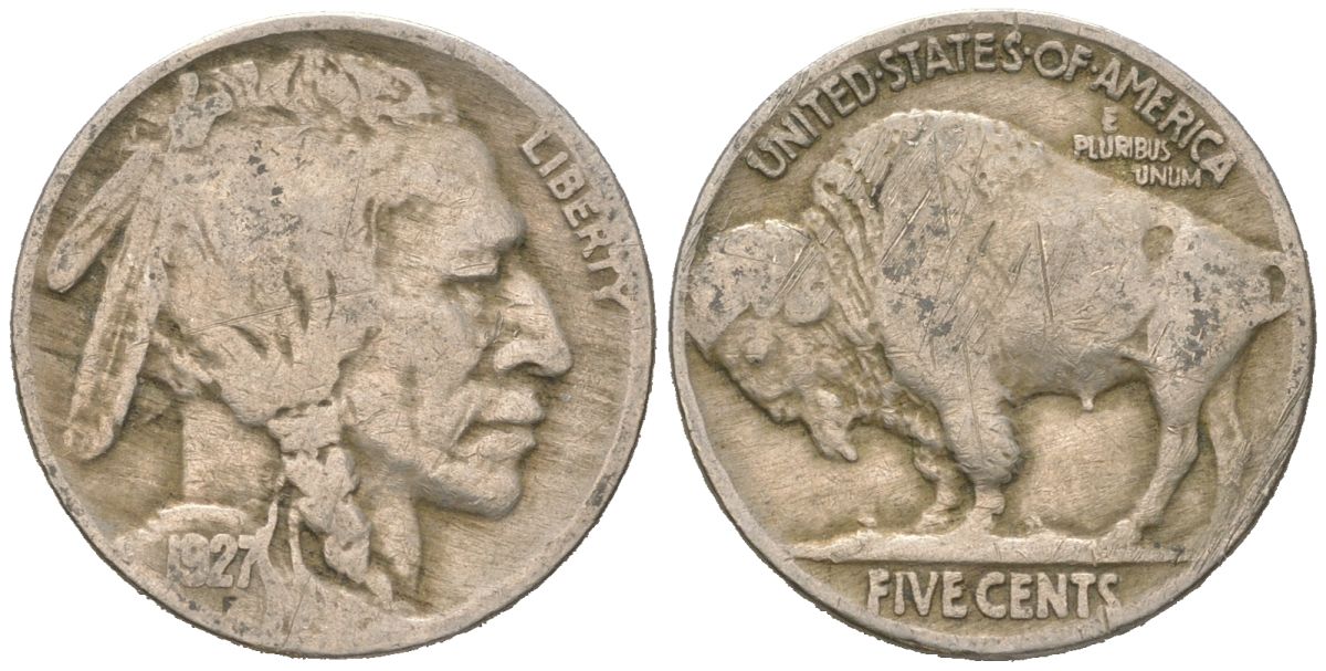 США 5 центов 1927 индеец, бизон KM 134 медно-никель 4614-1122