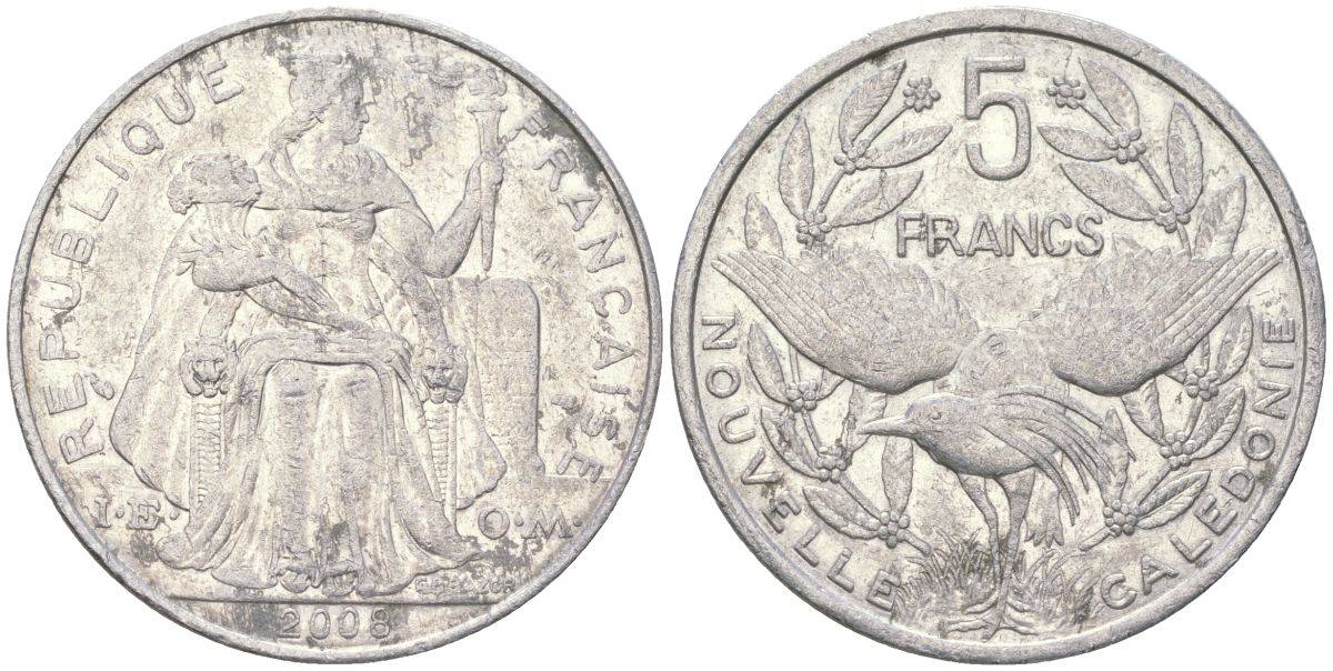 Французская Новая Каледония 5 франков 2008 птица кагу, (IEOM) KM 16, Schoen 12, Lec 81k алюминий 215-922