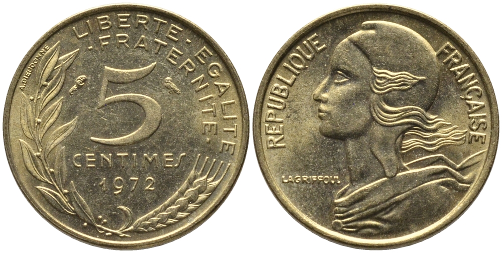 ФРАНЦИЯ 5 САНТИМОВ 1972 ТИП MARIANNE KM 933 медь алюминий никель 99-1115