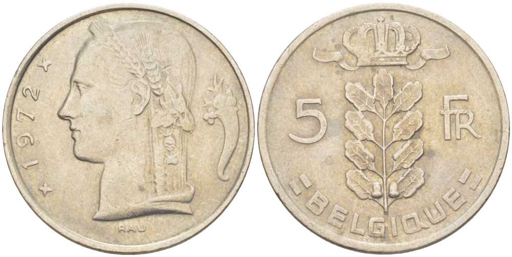 Бельгия 5 франков 1972 Belgique, Бодуэн I (1951-1993) KM 134.1 медно-никель 202-1247