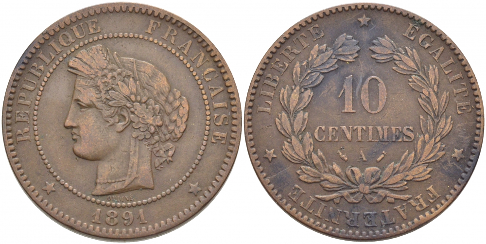 ФРАНЦИЯ 10 САНТИМОВ 1891 A, ТРЕТЬЯ РЕСПУБЛИКА (1871-1940) KM 815.1, LA FRANC 135.36 бронза 114-1234